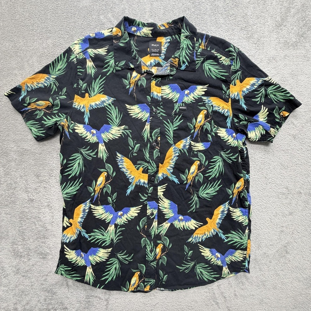 RVCA Shirt Mens XL Black Parrot Graphic Short Sleeve Button Up Rayon Tropical